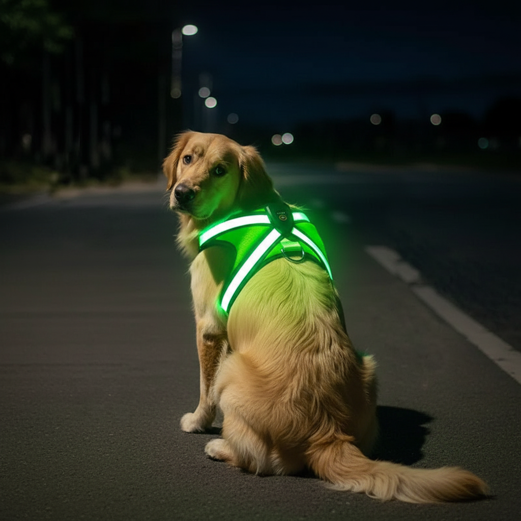 Labrador met NightGuard K9 Aura tijdens een donkere wandeling